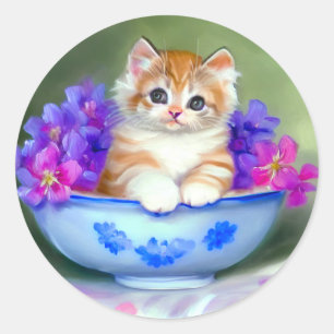 Pegatina Redonda Naranja de época y Ilustracion de gatito blanco