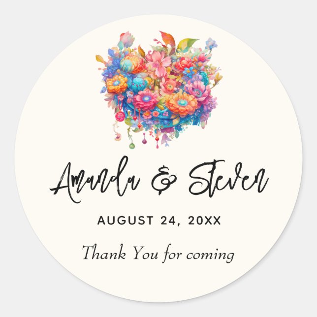 Pegatina Redonda Naranja de flores y Boda azul Gracias (Anverso)