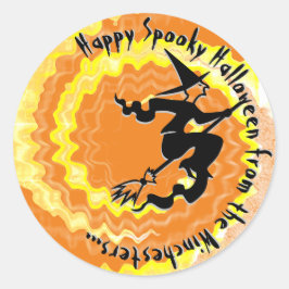 Pegatina Redonda Naranja de Halloween volando bruja hechizo texto