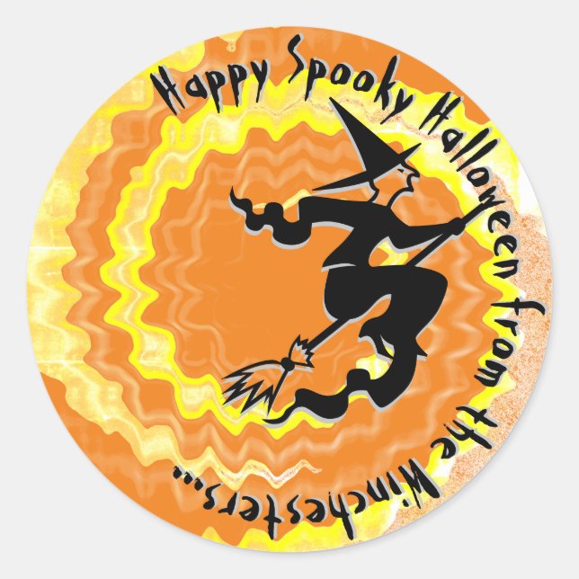Pegatina Redonda Naranja de Halloween volando bruja hechizo texto (Anverso)