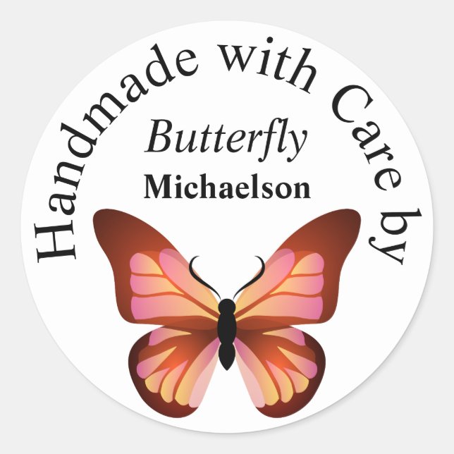 Pegatina Redonda Naranja de mariposa Nombre personalizado rosa y ne (Anverso)