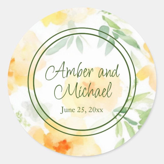 Pegatina Redonda Naranja de melocotón amarillo elegante acuarela fl (Anverso)