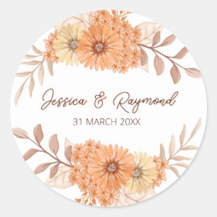 Pegatina Redonda Naranja de Moda Boho Boda floral