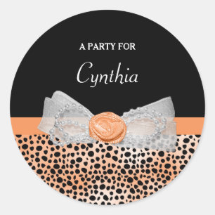 Pegatina Redonda Naranja de moda Cheetah Imprimir Rosa  Bow Nombre