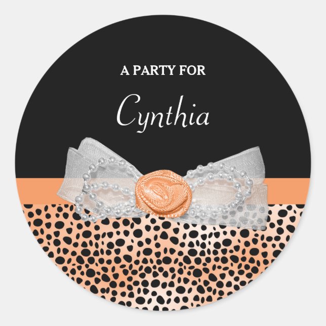 Pegatina Redonda Naranja de moda Cheetah Imprimir Rosa  Bow Nombre  (Anverso)