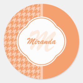 Pegatina Redonda Naranja de moda Monograma y nombre Houndstoth