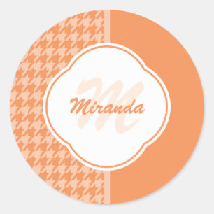 Pegatina Redonda Naranja de moda Monograma y nombre Houndstoth