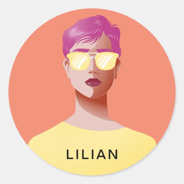 Pegatina Redonda naranja de moda y mujer elegante (Anverso)