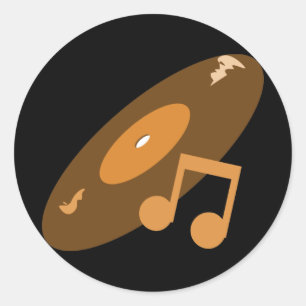 Pegatina Redonda Naranja de notas y registros de música retro