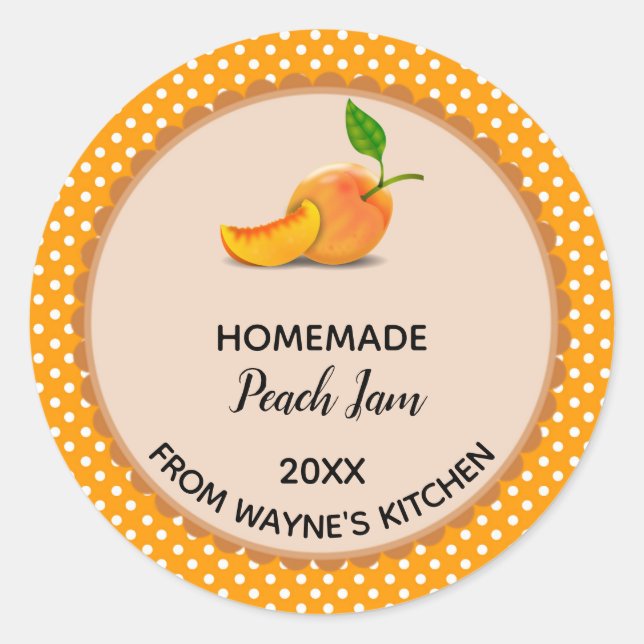 Pegatina Redonda Naranja editable Polka Dot Peach Jam Label Pegatin (Anverso)