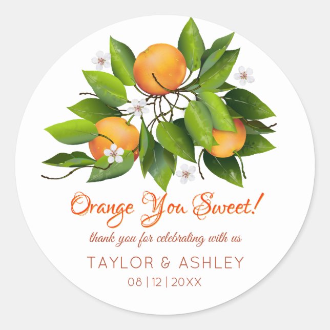 Pegatina Redonda Naranja eres fruta dulce | Boda (Anverso)