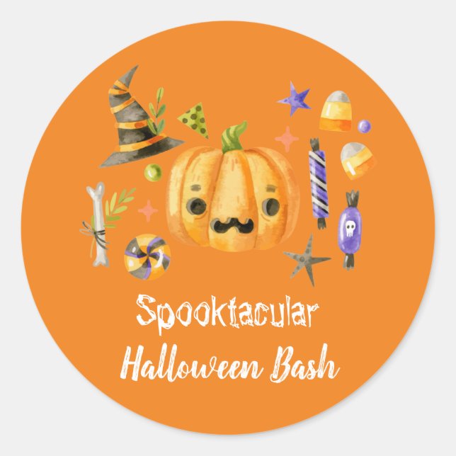 Pegatina Redonda Naranja Fiesta de Bash de Halloween Spooktacular d (Anverso)