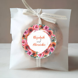 Pegatina Redonda Naranja floral acuático moderno y Boda rosa