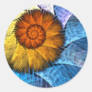 Pegatina Redonda Naranja floral Azul amarillo abstracto arte
