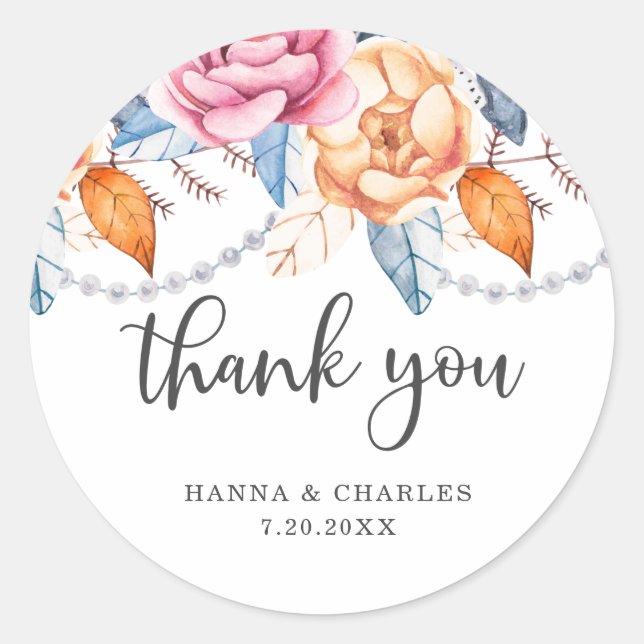 Pegatina Redonda Naranja Floral de Blue Gray Burn Gracias (Anverso)