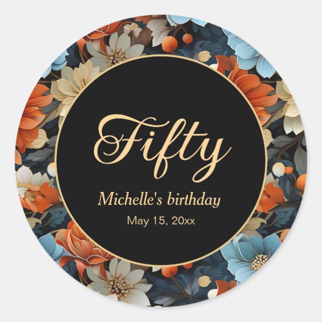 Pegatina Redonda Naranja Flores Azules Negro 50 cumpleaños Cualquie (Anverso)
