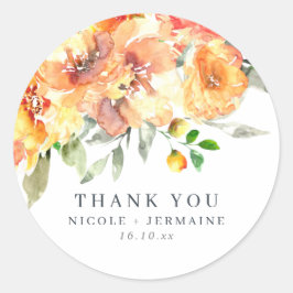 Pegatina Redonda Naranja Flores de acuarela Boda Gracias