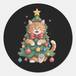 Pegatina Redonda Naranja Gato Jengibre Navidad Árbol Mono Navidad