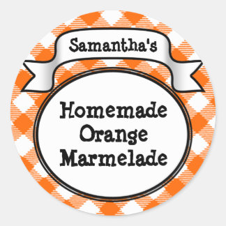 Pegatina Redonda Naranja Gingham Marmelade, Jelly, Jam Jar/Lid Labe