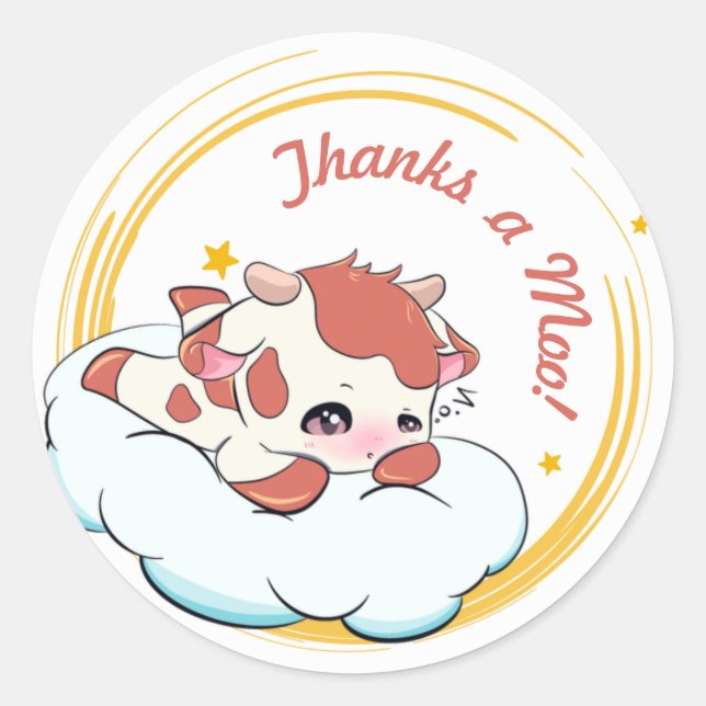 Pegatina Redonda Naranja Gold Baby Cow White Cloud Elegant Gracias (Anverso)