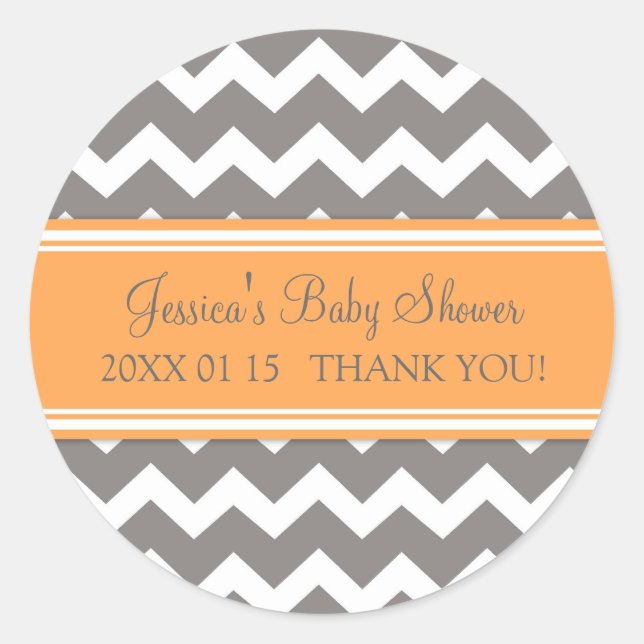Pegatina Redonda Naranja Gray Chevron Baby Shower Favorece a los Pe (Anverso)