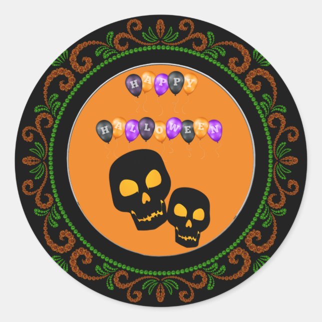 Pegatina Redonda Naranja Green Black Skulls Happy Halloween (Anverso)