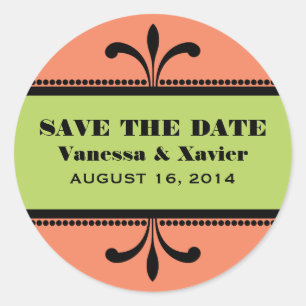 Pegatina Redonda Naranja/Green Fancy Art Deco Save the Date Pegatin