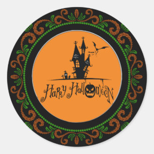 Pegatina Redonda Naranja Green Feliz Halloween Halloween Hauned Hou