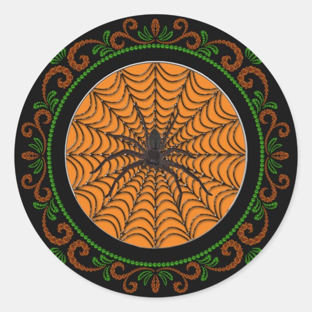 Pegatina Redonda Naranja Green Spider Web Y Black Spider Halloween (Anverso)