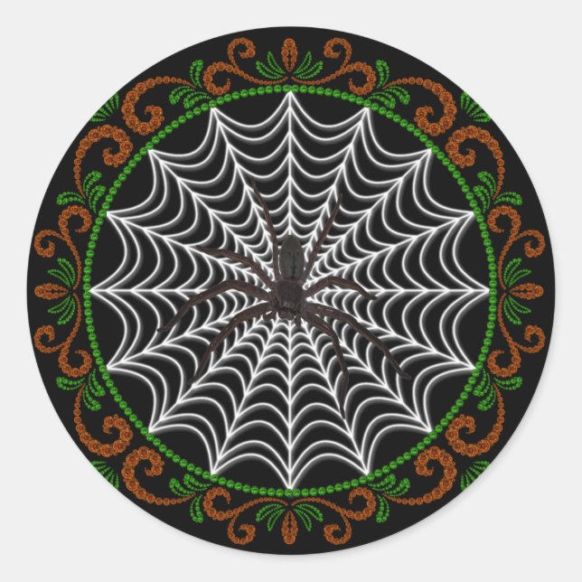 Pegatina Redonda Naranja Green White Spider Web Y Black Spider (Anverso)