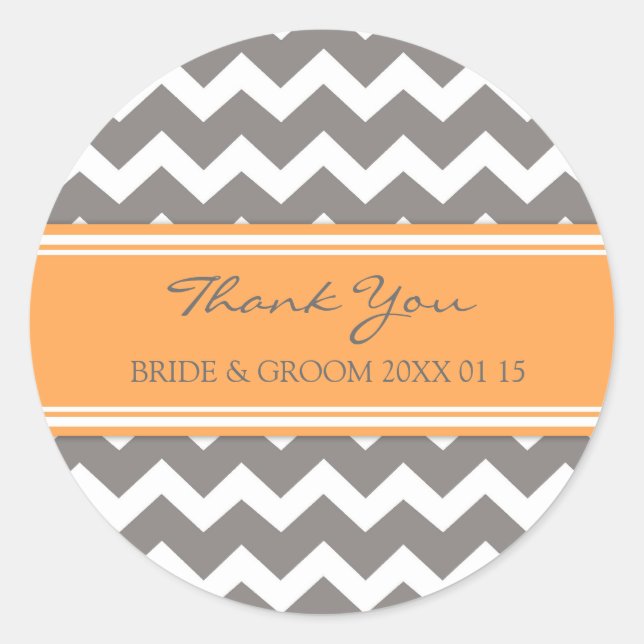 Pegatina Redonda Naranja Gris Chevron Gracias Bolsas De Favor De Bo (Anverso)