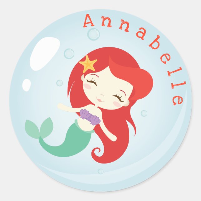 Pegatina Redonda Naranja Haired Mermaid Bubble Personalize (Anverso)