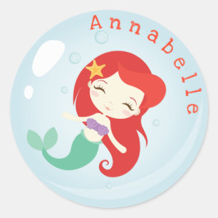 Pegatina Redonda Naranja Haired Mermaid Bubble Personalize