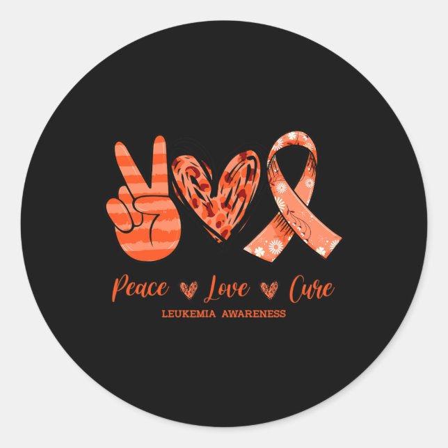 Pegatina Redonda Naranja Leopard Peace Love Cure Leukemia Sensibili (Anverso)