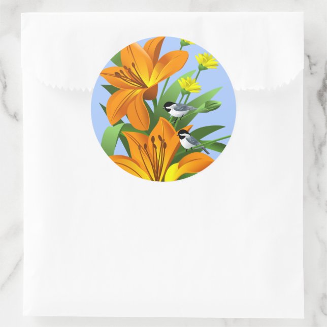 Pegatina Redonda Naranja Lilies y Chickadee (Bolso)