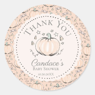 Pegatina Redonda Naranja lindo Pequeña Calabaza Baby Shower Gracias