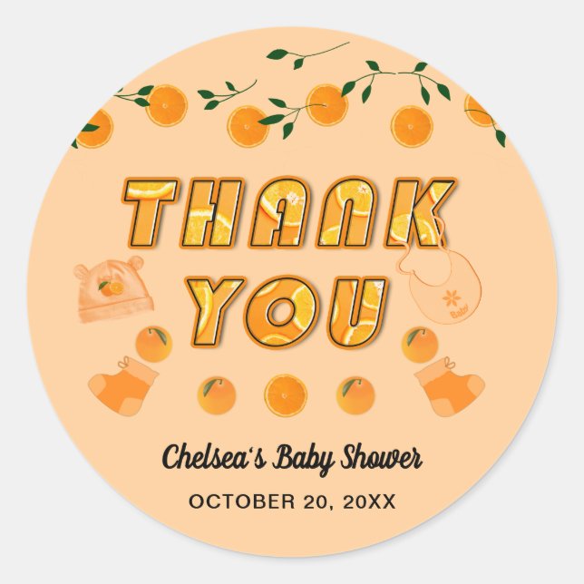 Pegatina Redonda Naranja Listo Baby Shower Citrus Gracias (Anverso)