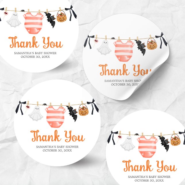 Pegatina Redonda Naranja Little Boo Baby Shower (A Little Boo Is Almost Due Clothesline Baby Shower Sticker)