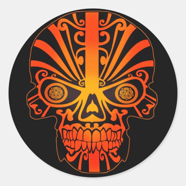Pegatina Redonda Naranja loco Skull Halloween (Anverso)