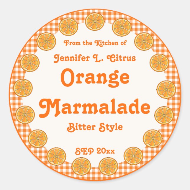 Pegatina Redonda Naranja Marmalade en Gingham (Anverso)