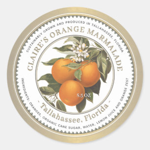 Pegatina Redonda Naranja Marmalade Preserve Vintage Gold
