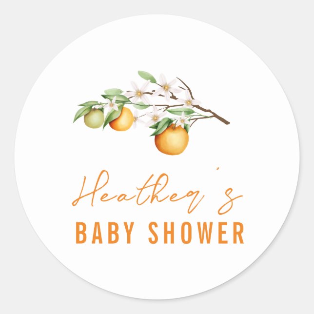 Pegatina Redonda Naranja minimalista Citrus Baby Shower (Anverso)