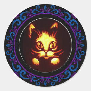 Pegatina Redonda Naranja morado azul brillante gato de Halloween