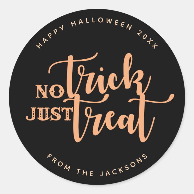 Pegatina Redonda Naranja negro sin truco trata Halloween (Anverso)