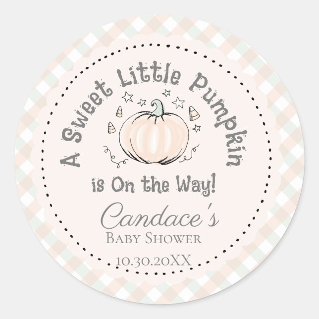 Pegatina Redonda Naranja Neutral de Género Pequeña Calabaza Baby Sh (Anverso)