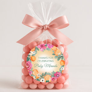 Pegatina Redonda Naranja Niño Chica Rosa Citrus Fruit Baby Shower