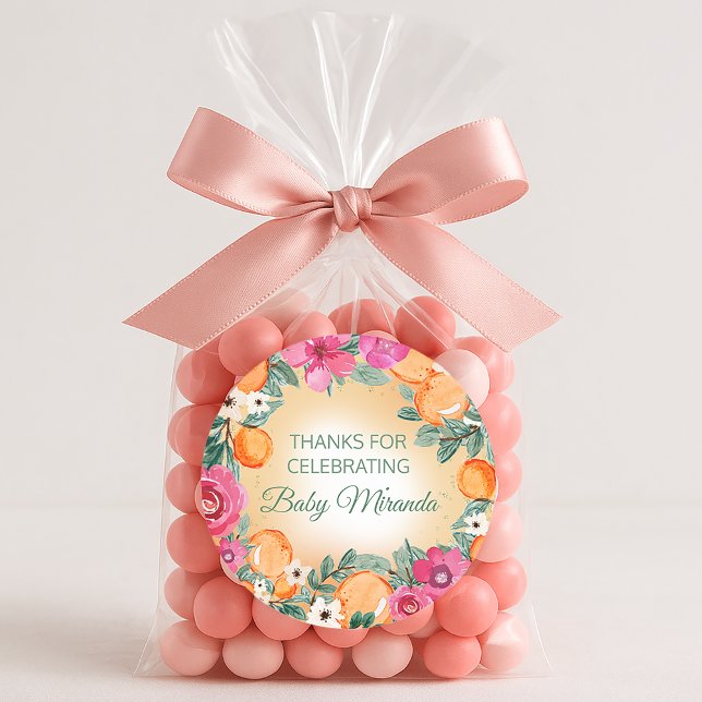 Pegatina Redonda Naranja Niño Chica Rosa Citrus Fruit Baby Shower (Oranges and pink flowers "LIttle Cutie" baby shower sticker)