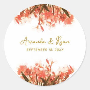 Pegatina Redonda Naranja Oleander Flowers Floral Beach Wedding