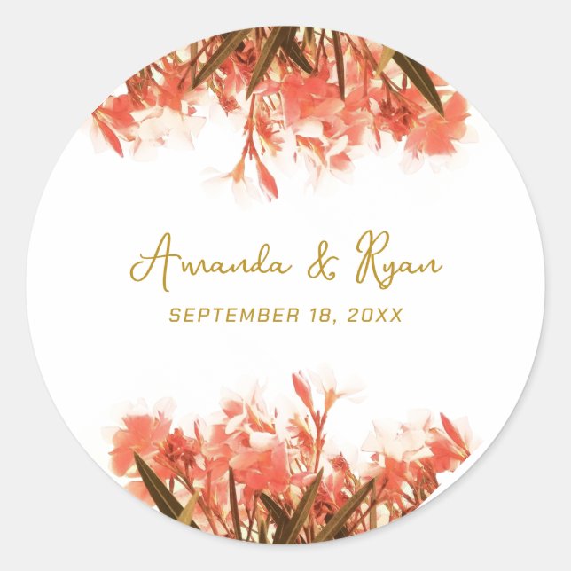 Pegatina Redonda Naranja Oleander Flowers Floral Beach Wedding (Anverso)