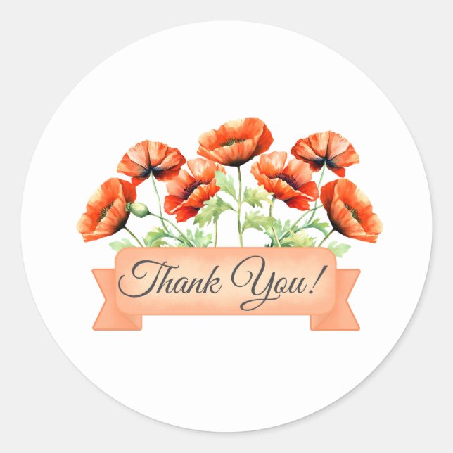 Pegatina Redonda Naranja Poppies Flowers Floral Gracias (Anverso)